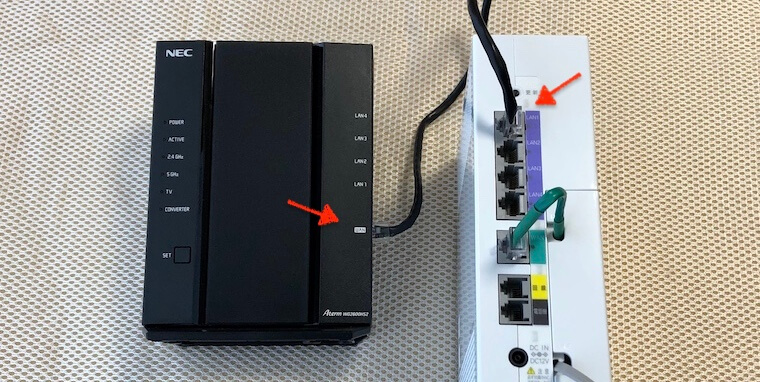 ブロードバンドモデムと無線LANルーター（NEC PA-WG2600HS2）の接続