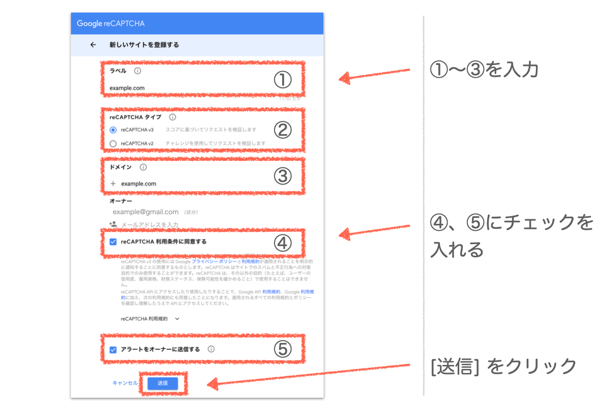 Google reCAPTCHAのサイト登録画面